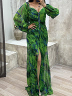 Crimp Long Sleeve Floral Printed Reunion Maxi Dresses