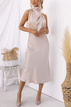 High Neck Zipper Back Waisted Satin Midi Dress