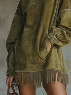 High-neck, Loose-fitting, Pocketed, Tassel Long-sleeved Suede Mini Dress