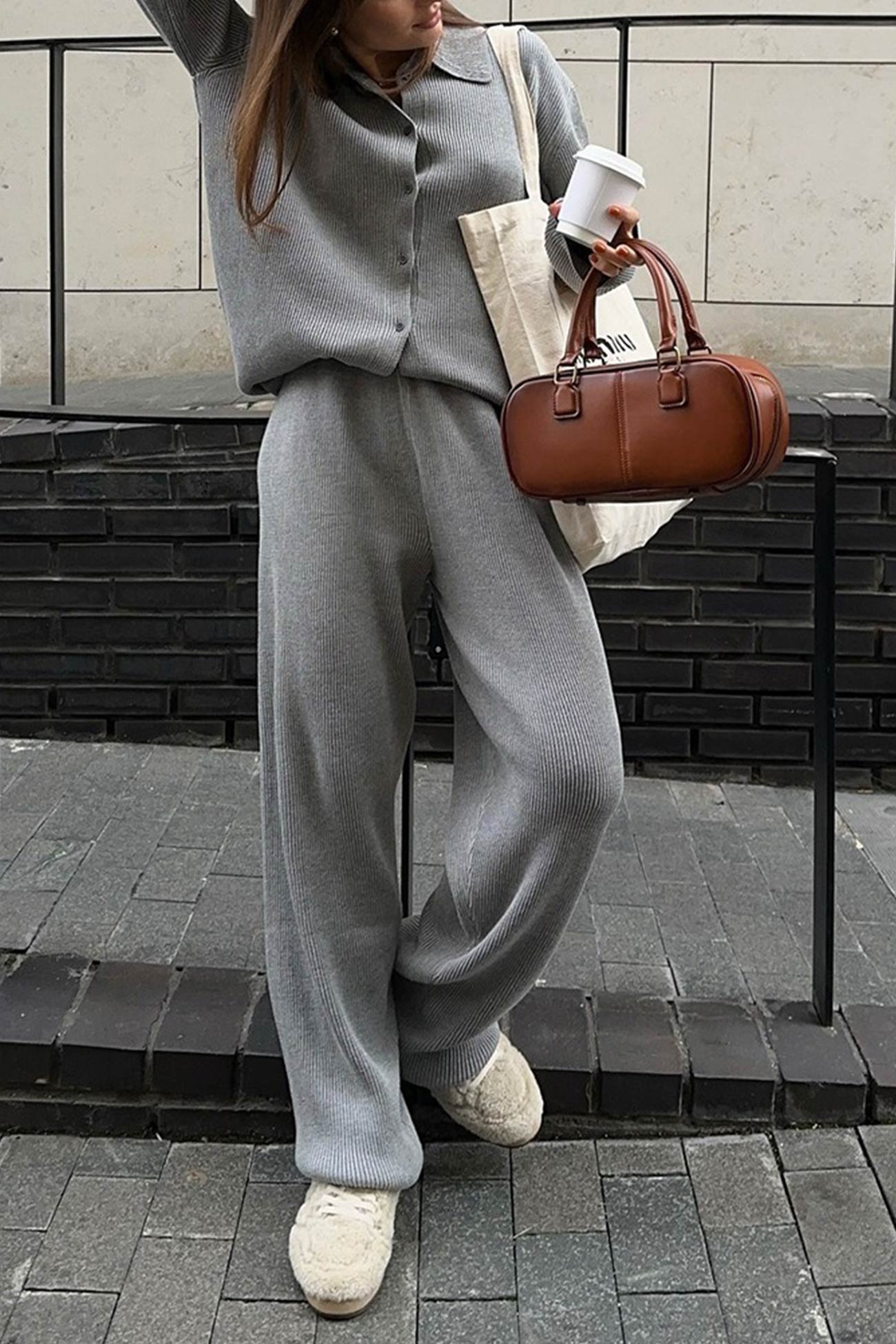 Lapel Button-down Ribbed Knit Two-piece Set