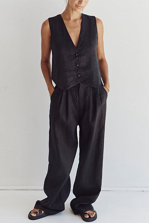 V Neck Button Down Blazer Vest and Wide Leg Pants Set
