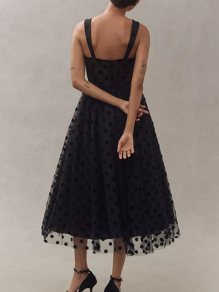 Mesh Polka Dots Temperament Little Black Dress Reunion Maxi Dresses