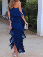 Tassel Sloping Shoulders Asymmetrical Maxi Dresses