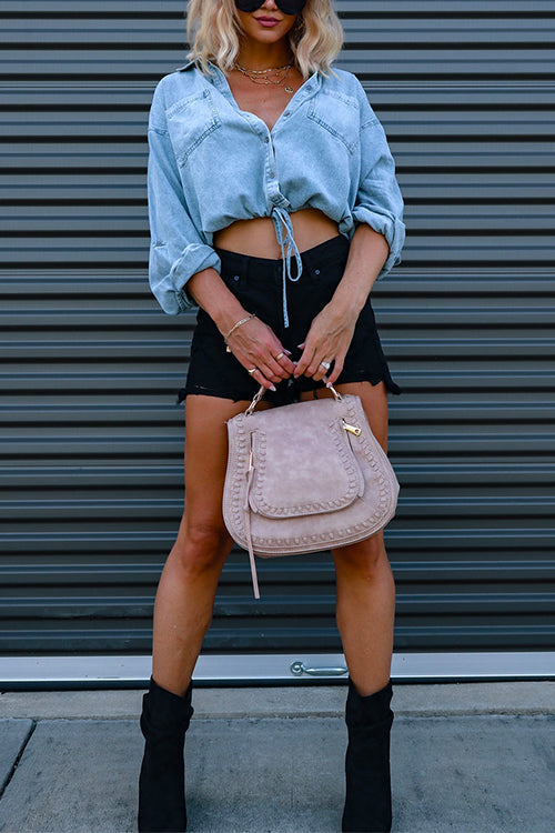Long Sleeves Drawstring Hem Cropped Denim Shirt
