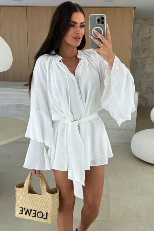 Textured Bell Sleeve Tie Waist Deep V-Neck Romper