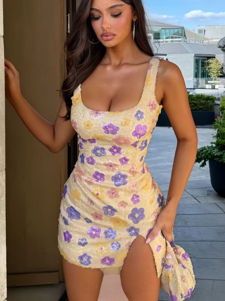 Color Flowers Sequins Slit Hip-hugging Mini&Short Dresses