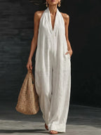 Simple Solid Color V-neck Sleeveless Jumpsuit