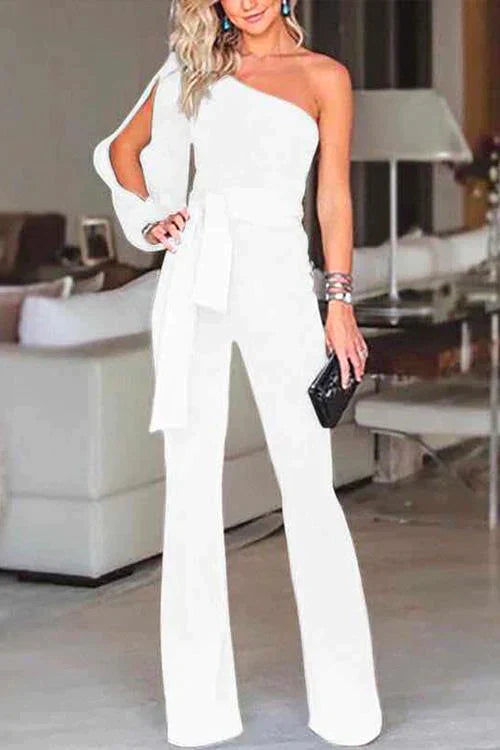 One Shoulder Slit Sleeve Tie Knot Jumpsuit