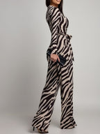 Zebra Print V-neck Long Sleeve Wide-leg Pants Jumpsuits