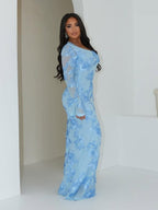 3D Floral Print, Backless, Bell-sleeved, Bodycon Long Dress