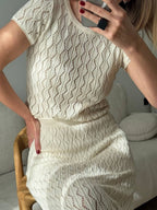 Jacquard Knitting Hollow Short-sleeved Top Skirts Set 2-piece Sets