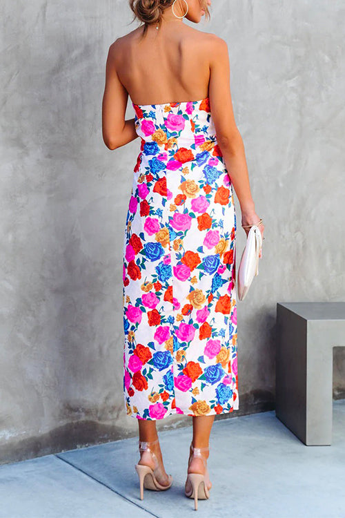 Off Shoulder Twist Waist High Slit Floral Dress