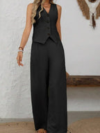 Two-piece Set Of Button-down Cropped Vest And Wide-leg Pants