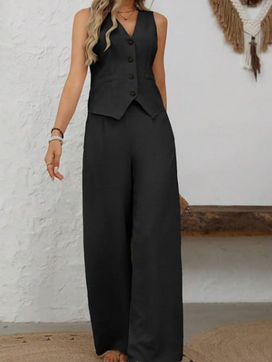 Two-piece Set Of Button-down Cropped Vest And Wide-leg Pants