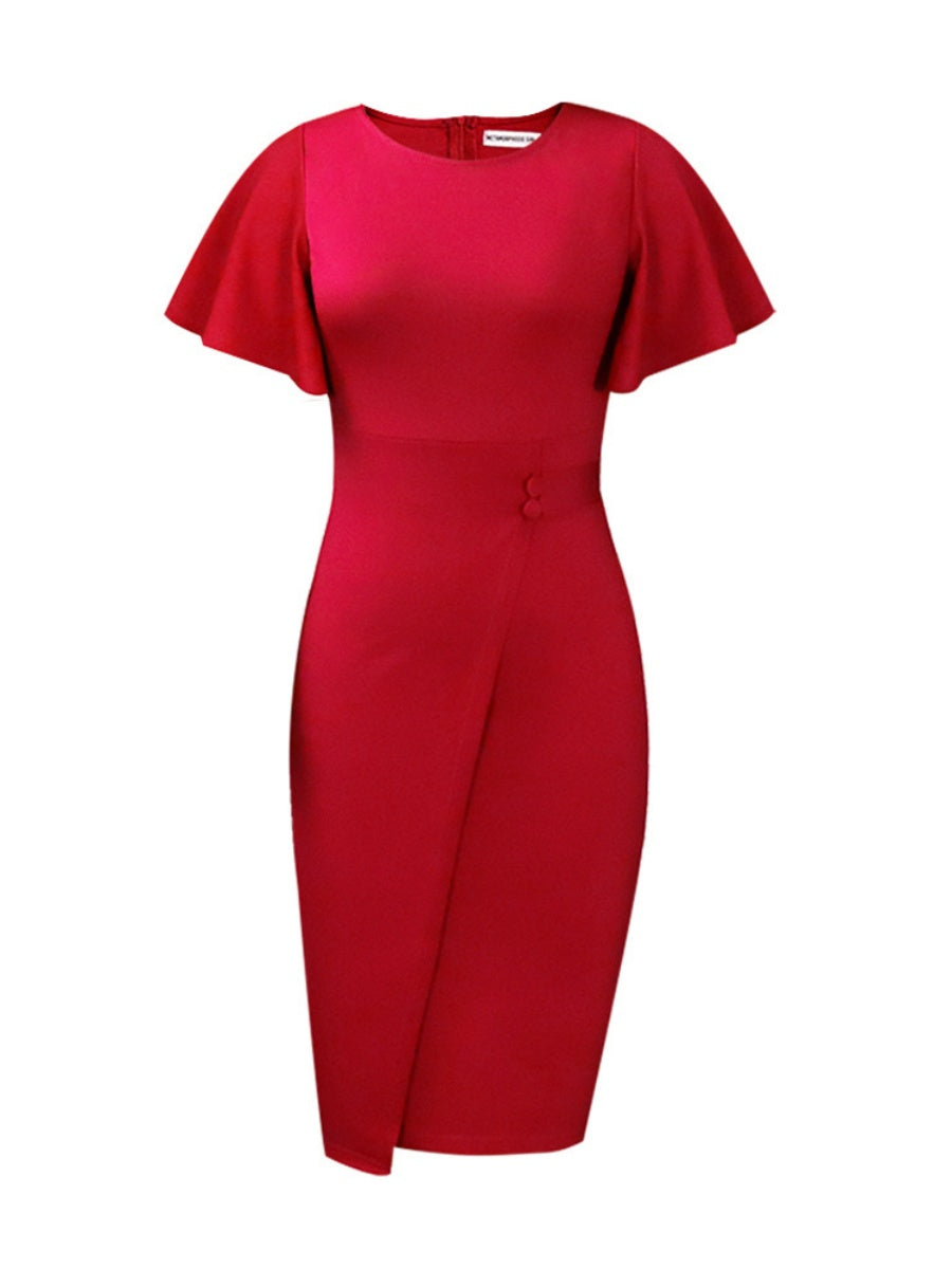 Commuting Lotus Leaf Sleeves Buttons Solid Color Mini&Short Dresses