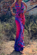 V Neck Criss Cross Backless Tie Dye Maxi A-line Dress