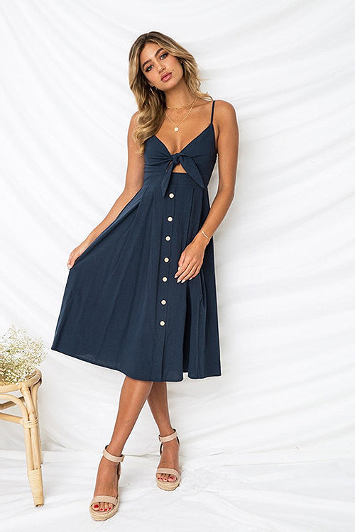 Linen Spaghetti Strap Tie Front Cut Out Button Front A-Line Midi Dress