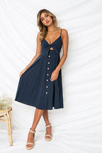 Linen Spaghetti Strap Tie Front Cut Out Button Front A-Line Midi Dress