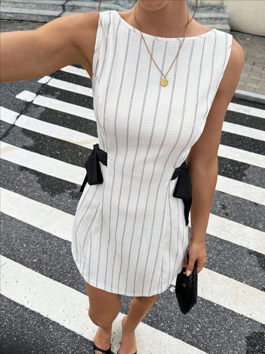 Stripes Sleeveless Reversible Bow Mini&Short Dresses