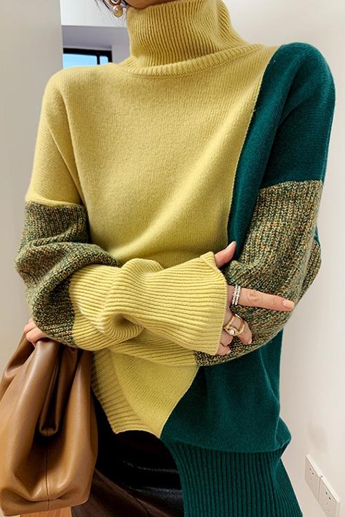 Turtleneck Color Block Splice Side Split Sweater