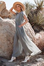 Plunging V-Neck Flutter Sleeve Tie Front Button Pocket Maxi Dress