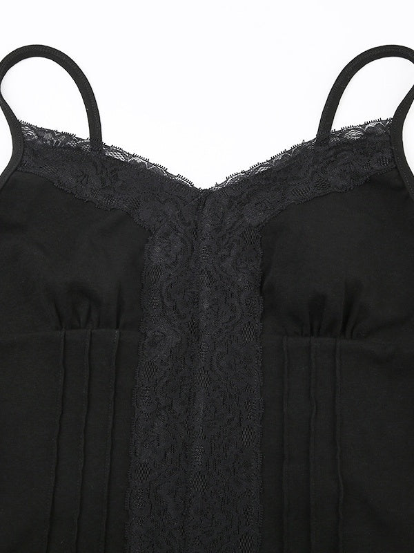 Deep V-neck Solid Color Lace Trim Split Camisole