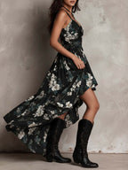 V-neck, Fitted Waist, High Slit, Spaghetti Strap Long Dress