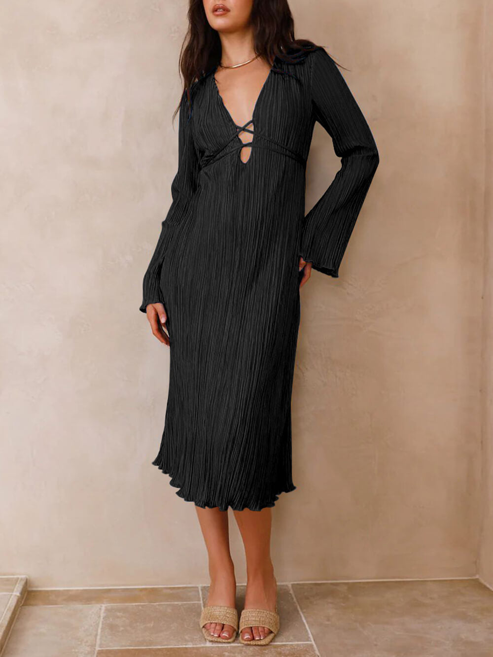 Lace-Up Plunging V-Neck Pleated Long Sleeve Empire Midi Dress