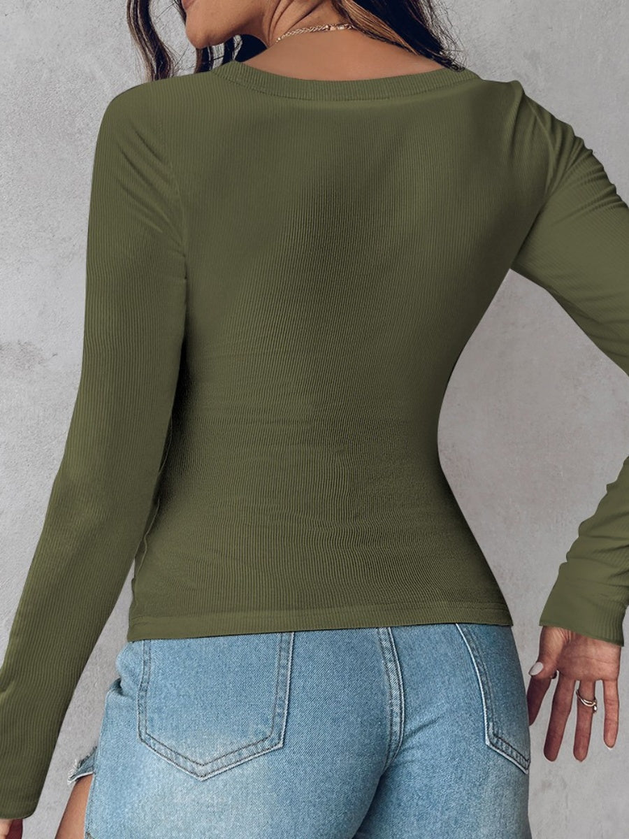 With Bra U-neck Thread Solid Color Long Sleeve T-shirts