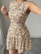 Bohemian Style French Elegance Floral Print Sleeveless Belted Short Dress