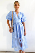 Puff Sleeve Sheer Grid Check Empire Waist Button Front Midi Dress