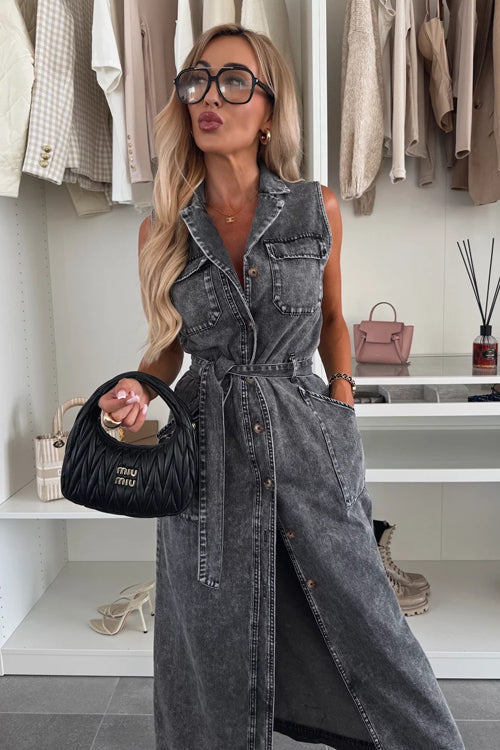 Denim Collar Button Down Belted Pocket Flap Sleeveless Maxi Shirt Dress