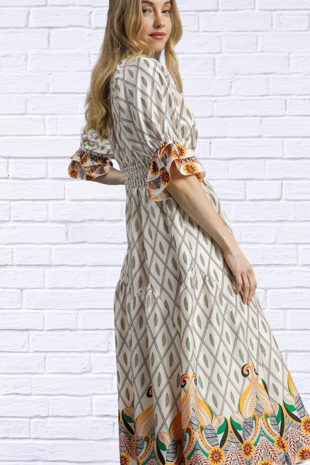 Bohemian Geometric Floral Midi Dress _ Artfully Feminine & Effortlessly Chic