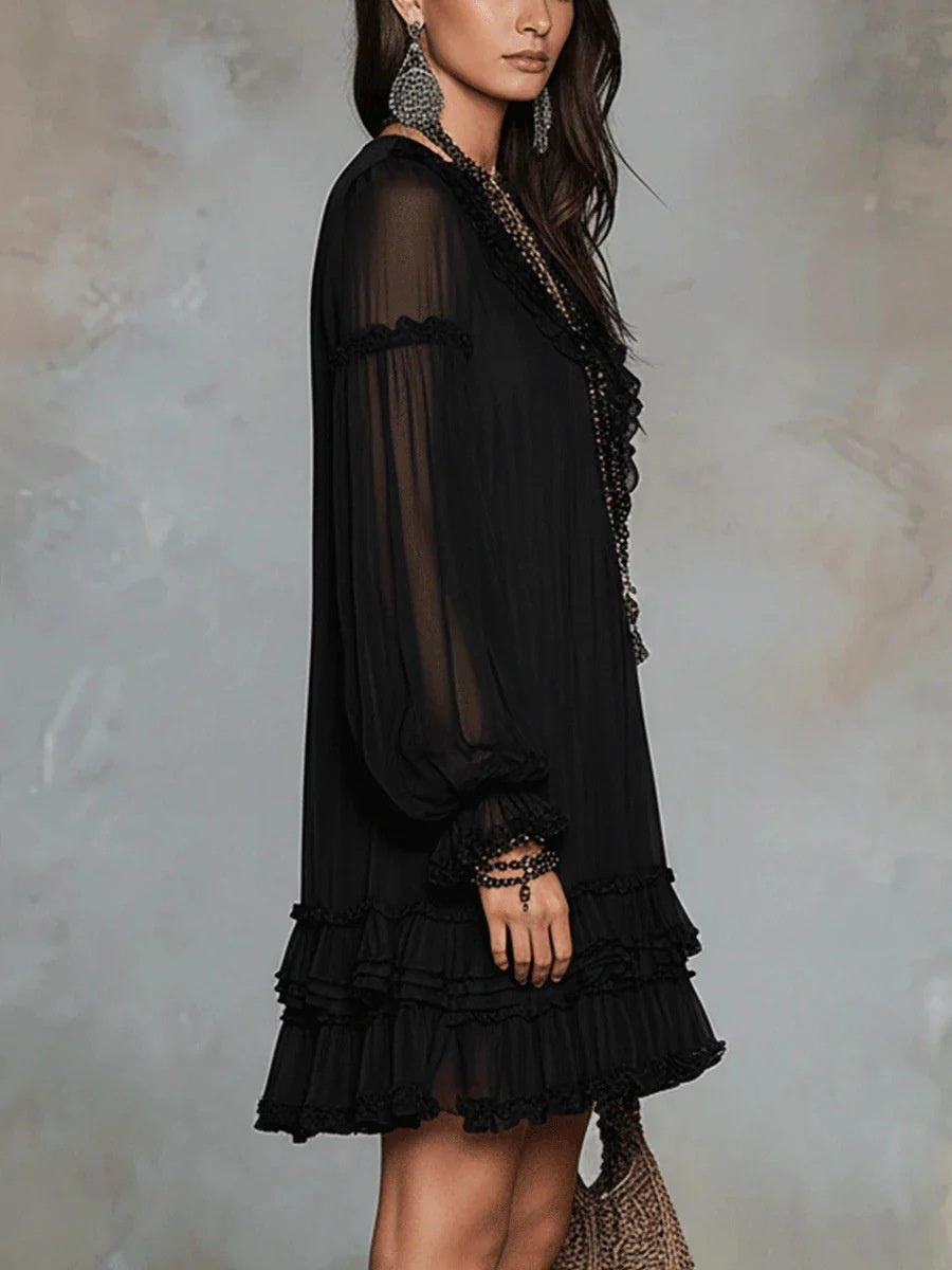 V-neck, Fitted Waist, Ruffled Trim Midi Dresses