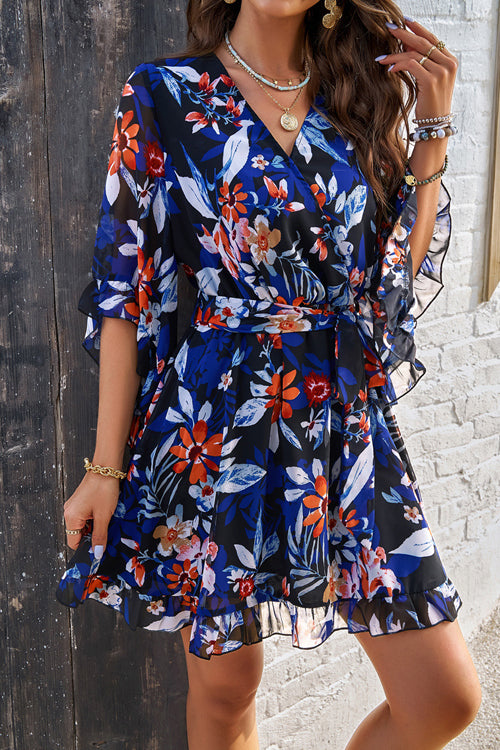 Floral Print Wrap V-Neck Three Quarter Sleeve Tie Waist Ruffle Hem Mini Dress