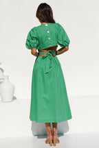 Deep V-Neck Puff Sleeve Side Waist Cutout A-Line Midi Dress