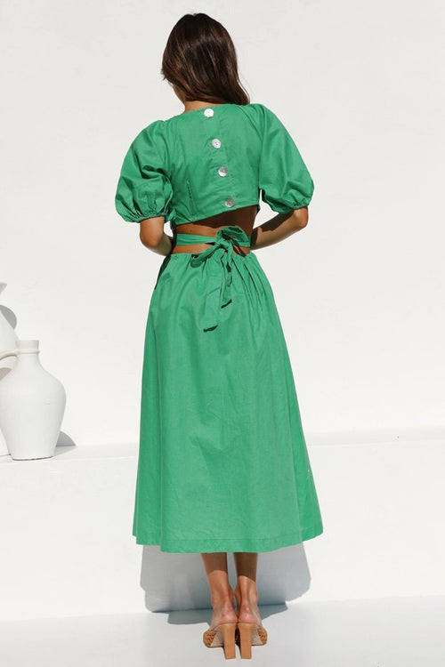 Deep V-Neck Puff Sleeve Side Waist Cutout A-Line Midi Dress