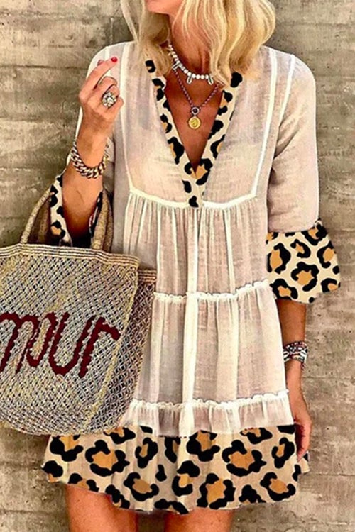 V Neck Leopard Splice Swing Dress