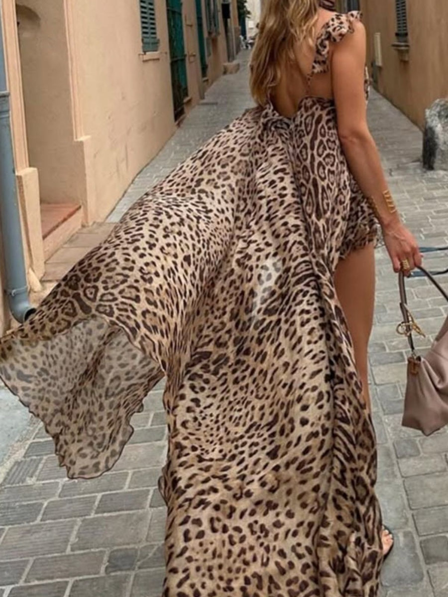 Lace Up Leopard Print Open Dress Shorts Set 2-piece Sets