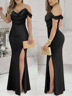 Beaded Halter Top With Slit, Sexy, Waist-cinching, Hip-hugging Design Maxi Dresses