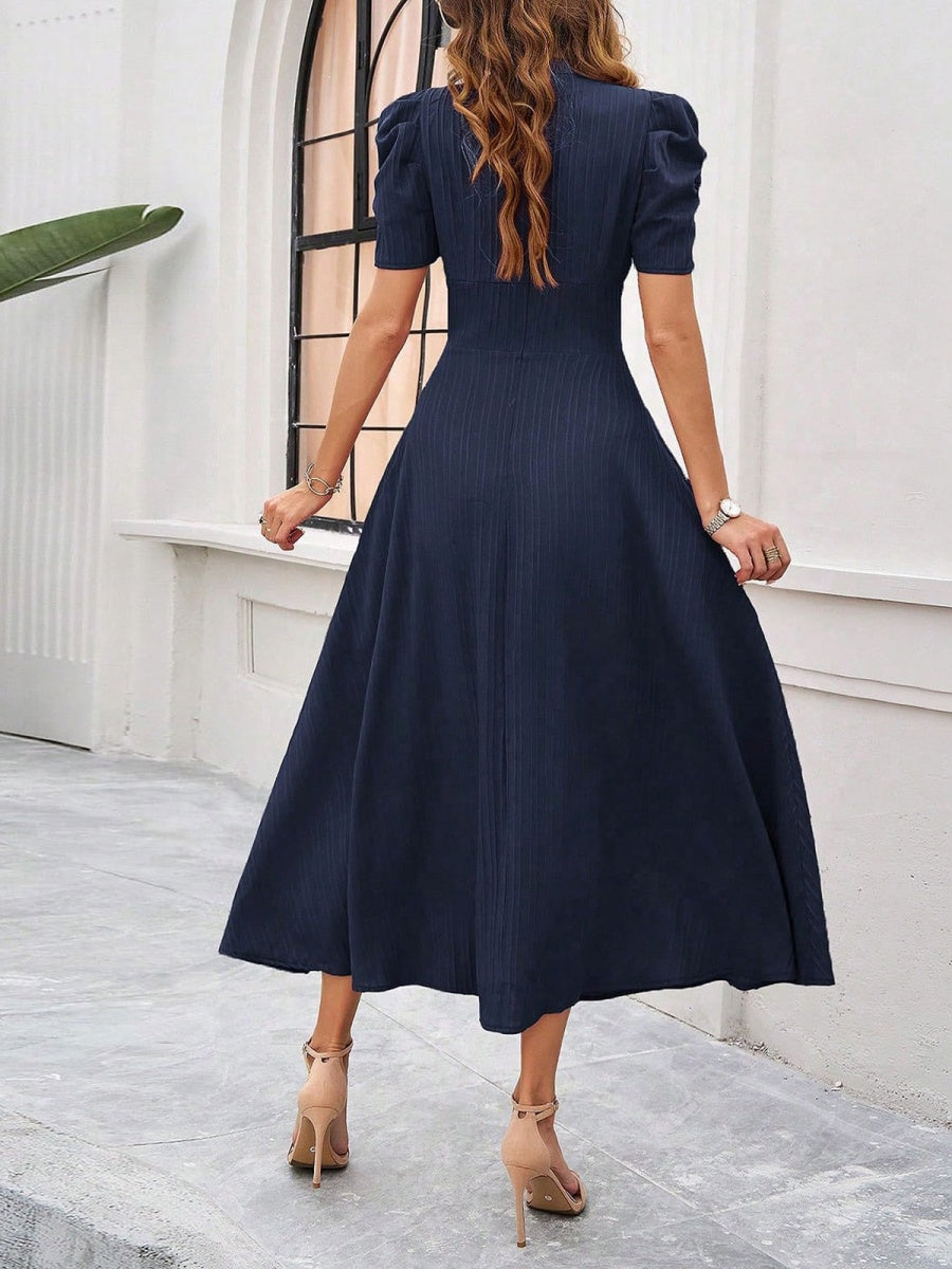 Pleated Waist Short Sleeve Maxi Dresses