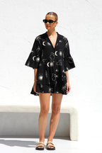 Novelty Sketch Print Collar V-Neck Button Front Tiered Smock Mini Dress