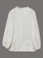 White Long-sleeved V-neck Lace Shirts