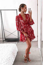 Floral Print Deep V-Neck Bishop Sleeve Tiered Ruffle Mini Dress