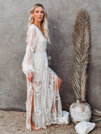 Lace Long-sleeved V-neck Solid Color Chiffon Long Dress