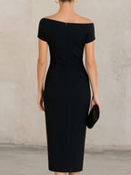 Off-the-shoulder, Fitted Waist, Pleated, Slit Midi Dress