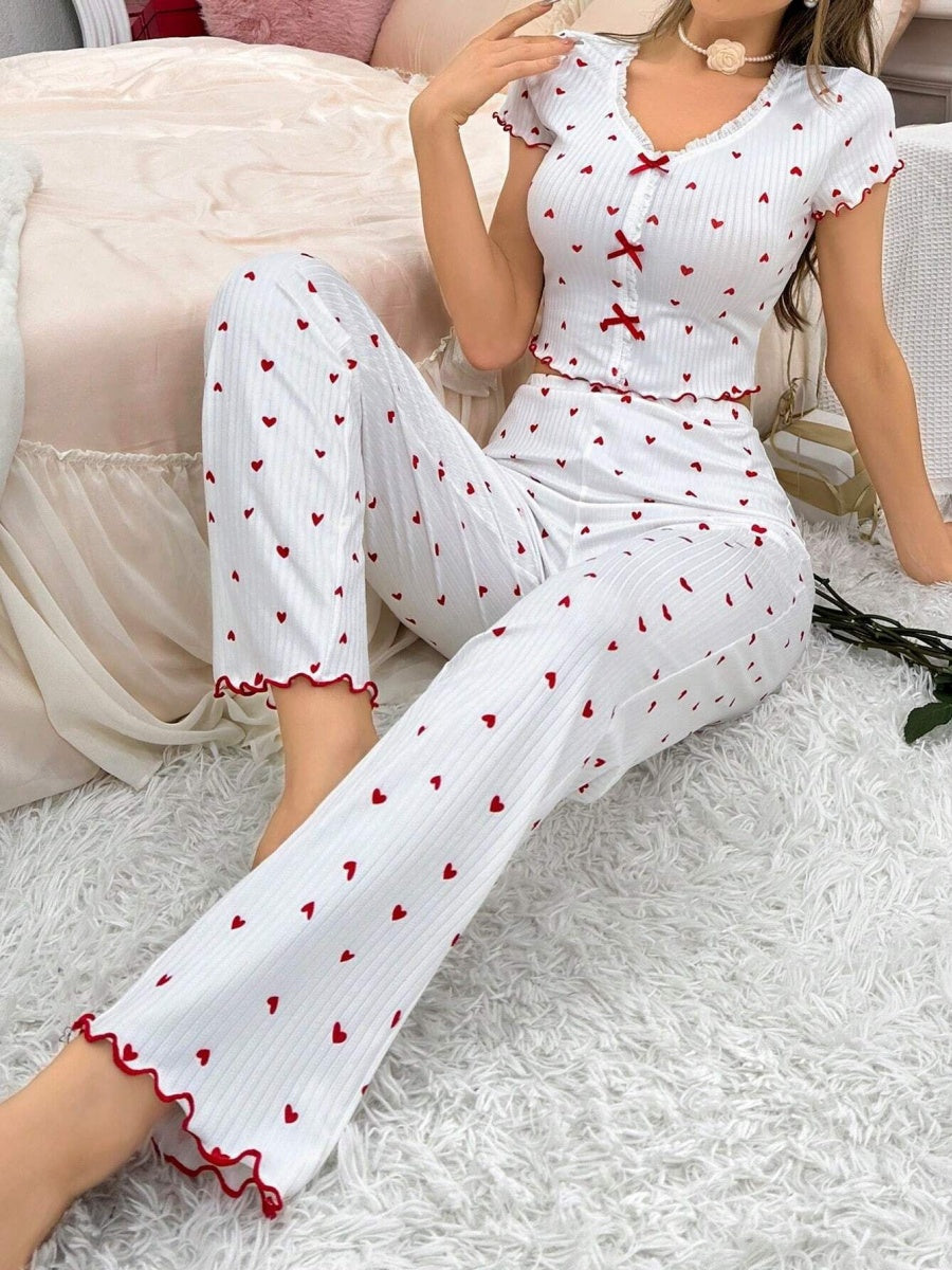 Heart-print Bow V-neck Short-sleeved Trousers Set That Can Be Worn As Loungewear