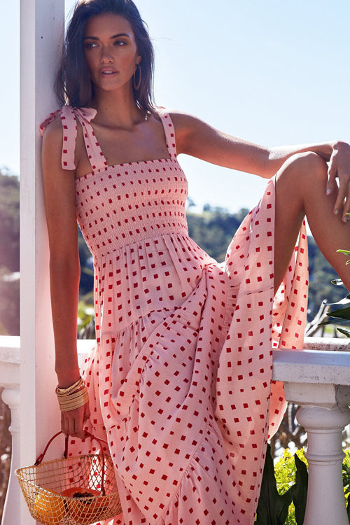 Floral Print Smocked Tie Shoulder Tiered Ruffle Maxi Dress
