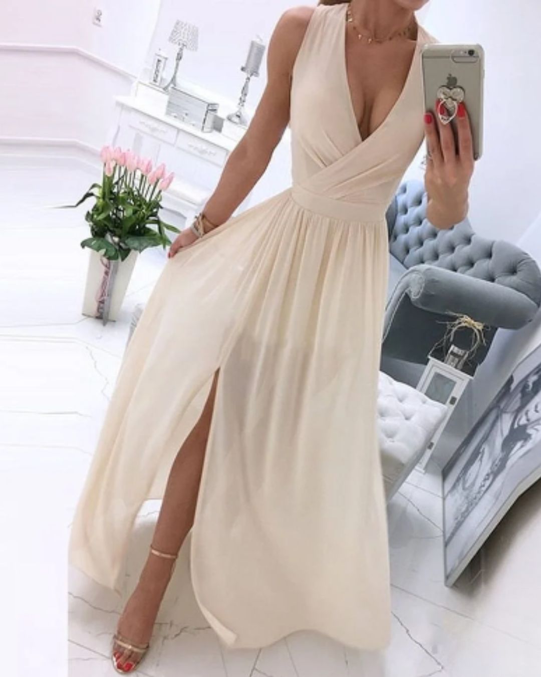 | Sleeveless Beach Dress in Deep V-Neck