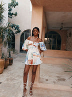Geometric Pattern Printing Off Shoulder Short Sleeve Vacation Mini&Short Dresses